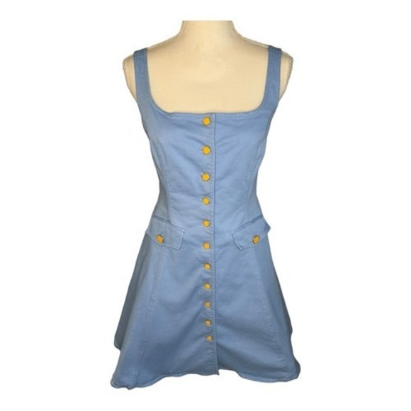 Color Me Courtney Denim Look Button Front Square Neck Fit Flare Dress Size 6 - Picture 2 of 8